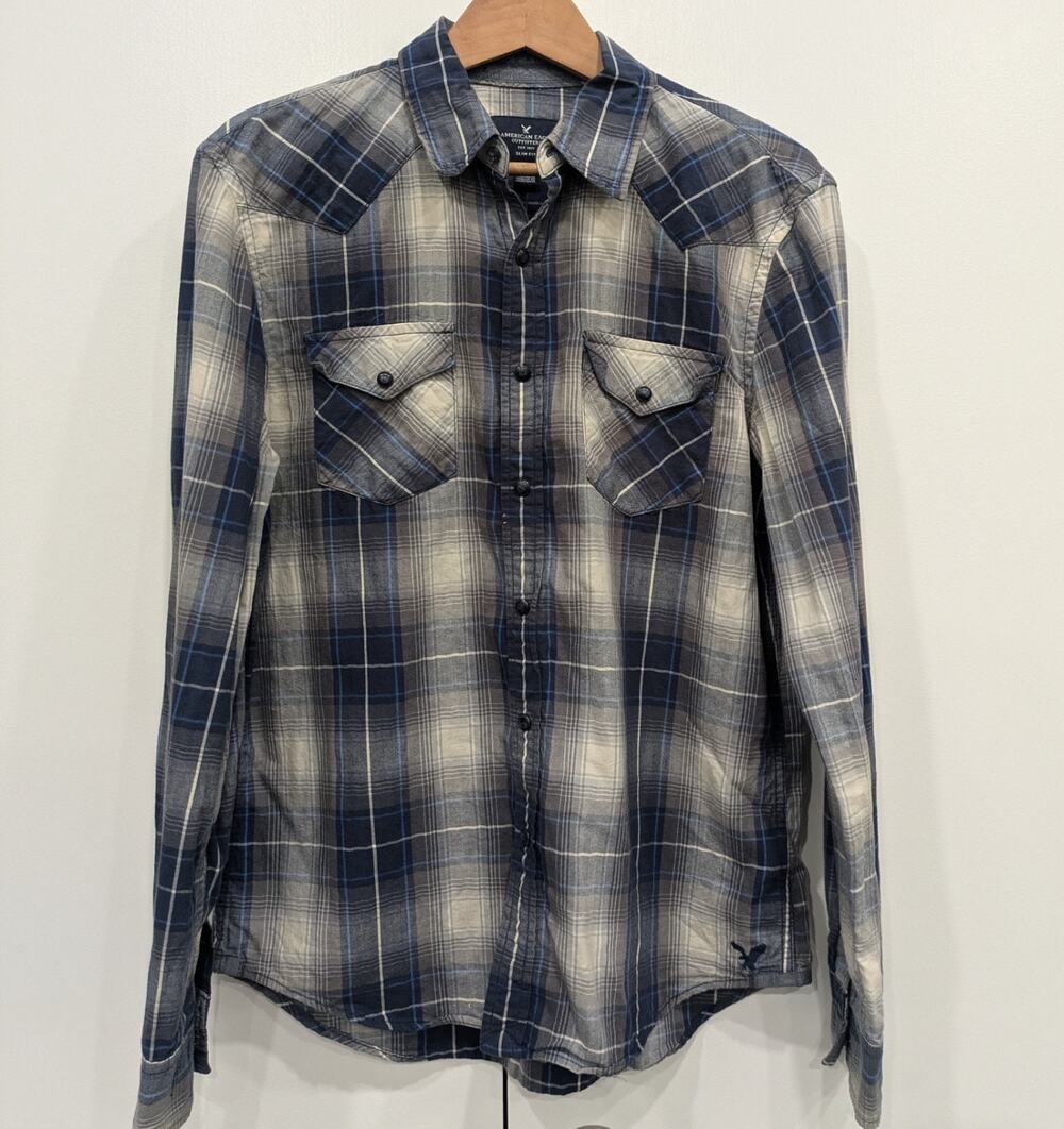 American Eagle Men’s Med Snap Slim Fit Western Flannel Plaid Shirt Navy Yoke